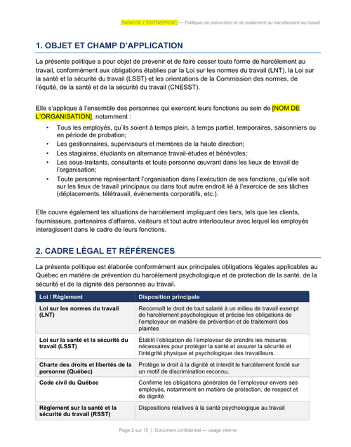 Politique de prévention et de traitement des plaintes de harcèlement au travail (incluant les tiers)