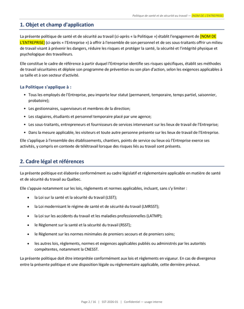 Politique de santé et sécurité au travail - Trousse de conformité pour PME