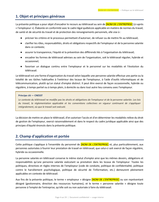 Politique de télétravail professionnelle + trousse RH d’implantation